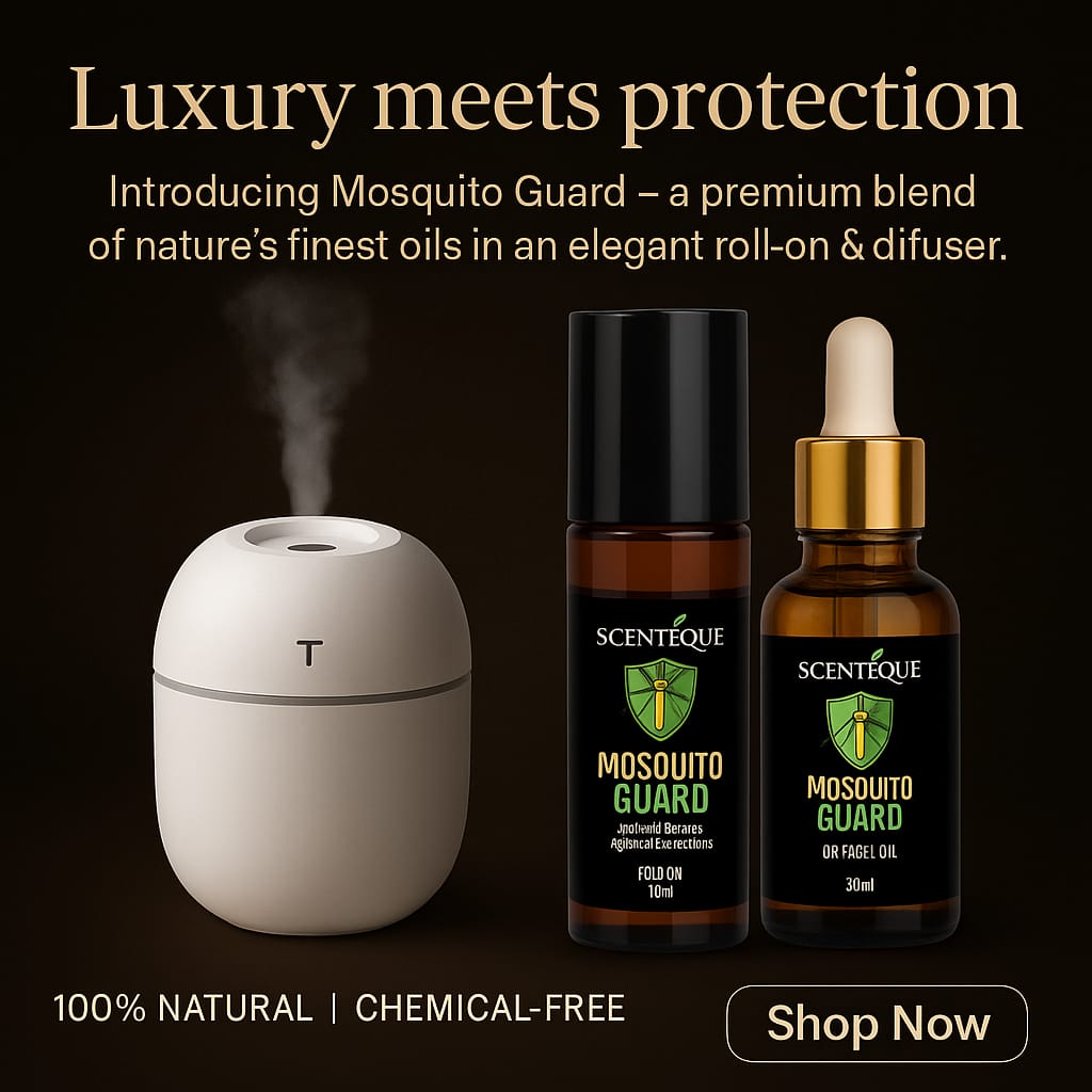 SCENTEQUE Mosquito Guard Kit – 100% Natural Dengue & Malaria Protection (Diffuser Oil + Roll-On) & Ultrasonic Diffuser Free (Limited Time)