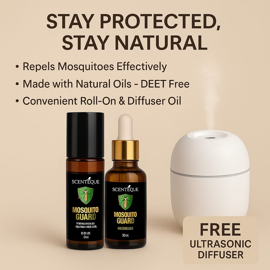 SCENTEQUE Mosquito Guard Kit – 100% Natural Dengue & Malaria Protection (Diffuser Oil + Roll-On) & Ultrasonic Diffuser Free (Limited Time)